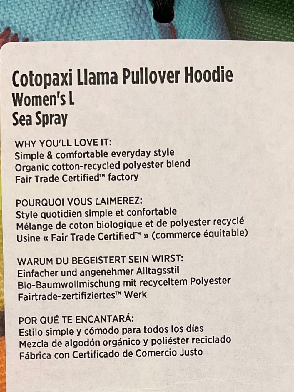 Cotopaxi Llama Hoodie Women’s Large Sea Spray NWT - Picture 7 of 9